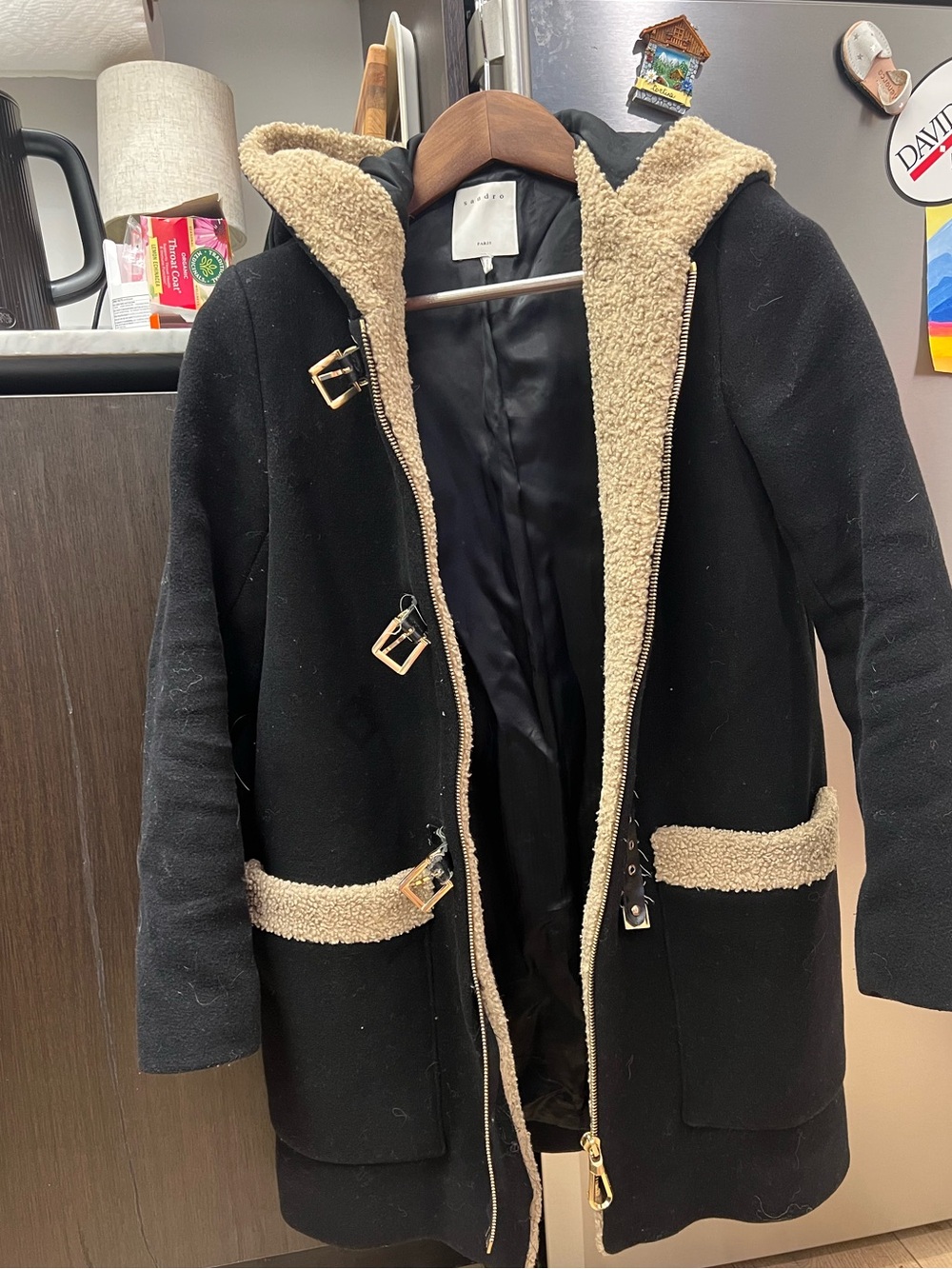 Sandro Black Hooded Toggle Coat with Cream Sherpa Trim - women’s Jacket